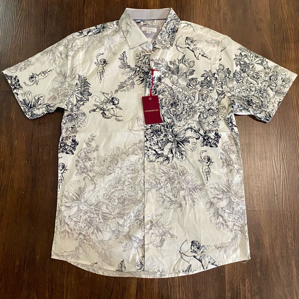 Black and White Casual Button Down Shirt with Cherubim and Floral Design